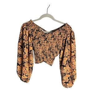 Flying Tomato Black Gold Paisley Print Wrap Top Balloon Sleeves Small